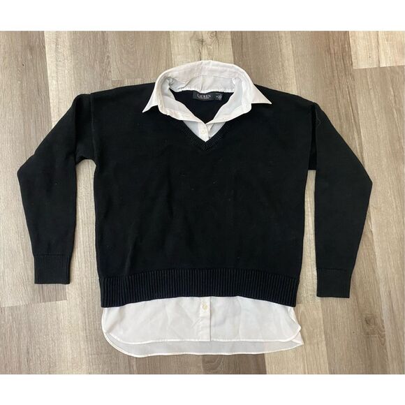 LAUREN Ralph Lauren Layered Cotton Sweater Black, Size Medium, MSRP $110 - Picture 2 of 11